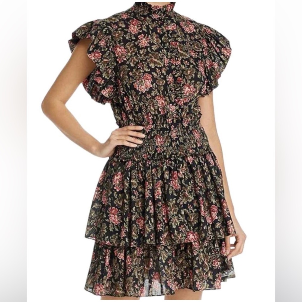 Rebecca Taylor La Vie Choette Cotton Floral Flutter Sleeve Smocked Tiered Dress - Picture 2 of 5